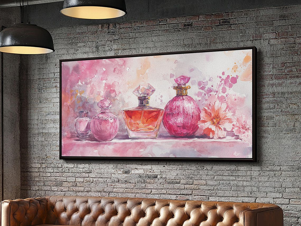 Perfume Bottles Print Feminine Pink Wall Art Whimsical Cottagecore Decor Framed Print Gift Idea Bathroom Art