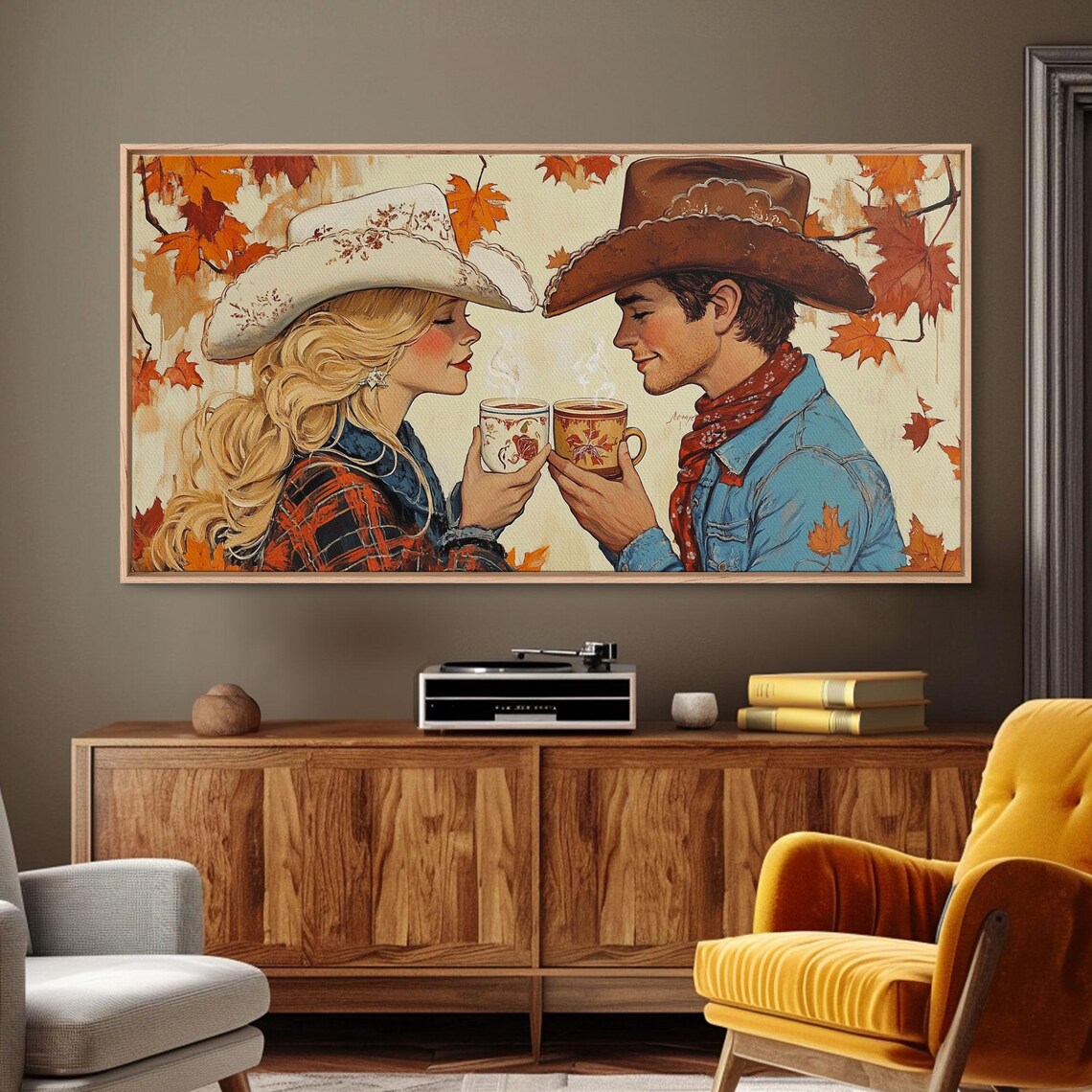 Cowboy Cowgirl Couple Sharing Hot Cocoa In Fall Vintage Style Poster - Image 5