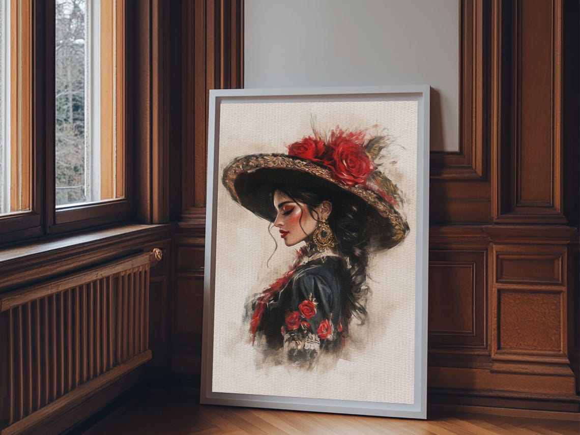 Woman In Rose Hat Spanish Style Profile Elegant Watercolor Art Poster - Image 2