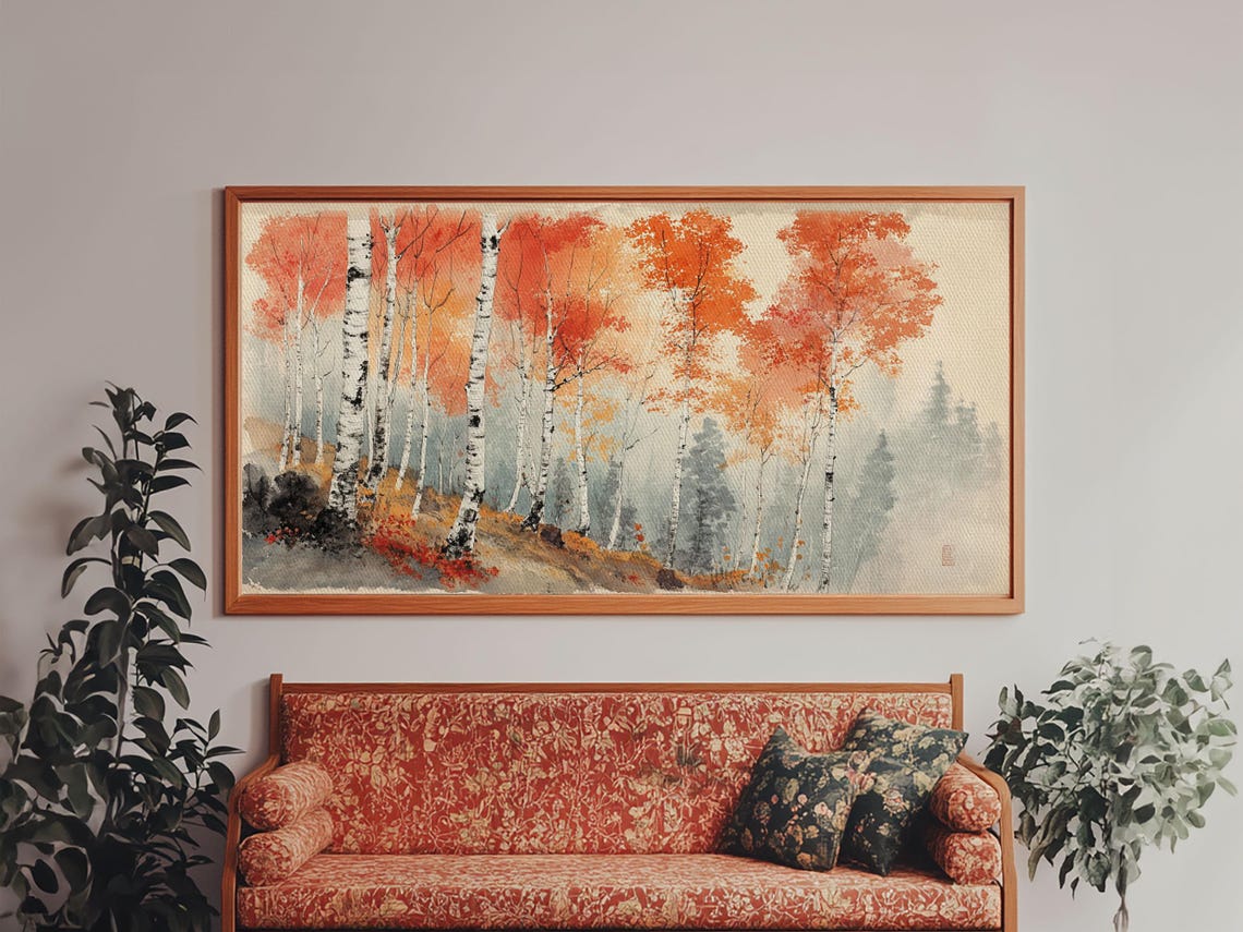 Autumn Birch Forest Orange Foliage Watercolor Landscape Painting Print - Image 2