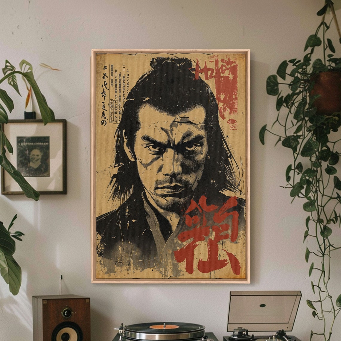 Vintage Japanese Manga Samurai Portrait Poster with Red Kanji Text - Image 3