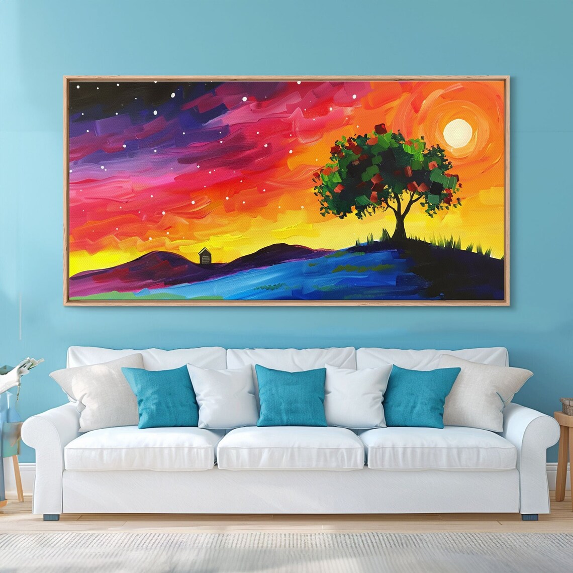 Vibrant Tree Under Starry Sunset Sky Colorful Abstract Hillside Landscape Poster - Image 5