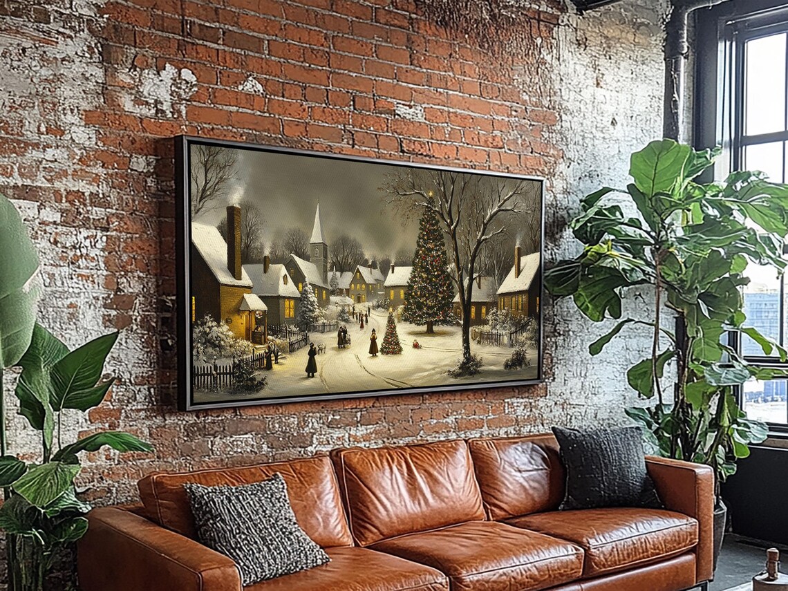 Victorian Christmas Village Night Snowy Church Tree Painting Print