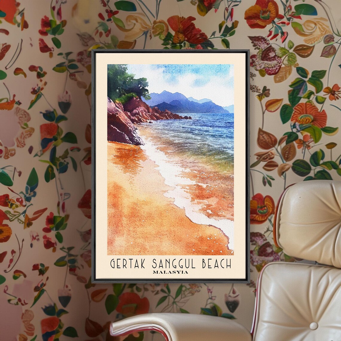 Gertak Sanggul Beach Malaysia Orange Sand Rocky Headland Blue Sea Watercolor Poster - Image 2