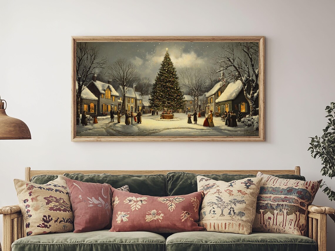 Christmas Village Dusk Snowy Street Big Lit Tree Oil Painting Print - Image 6