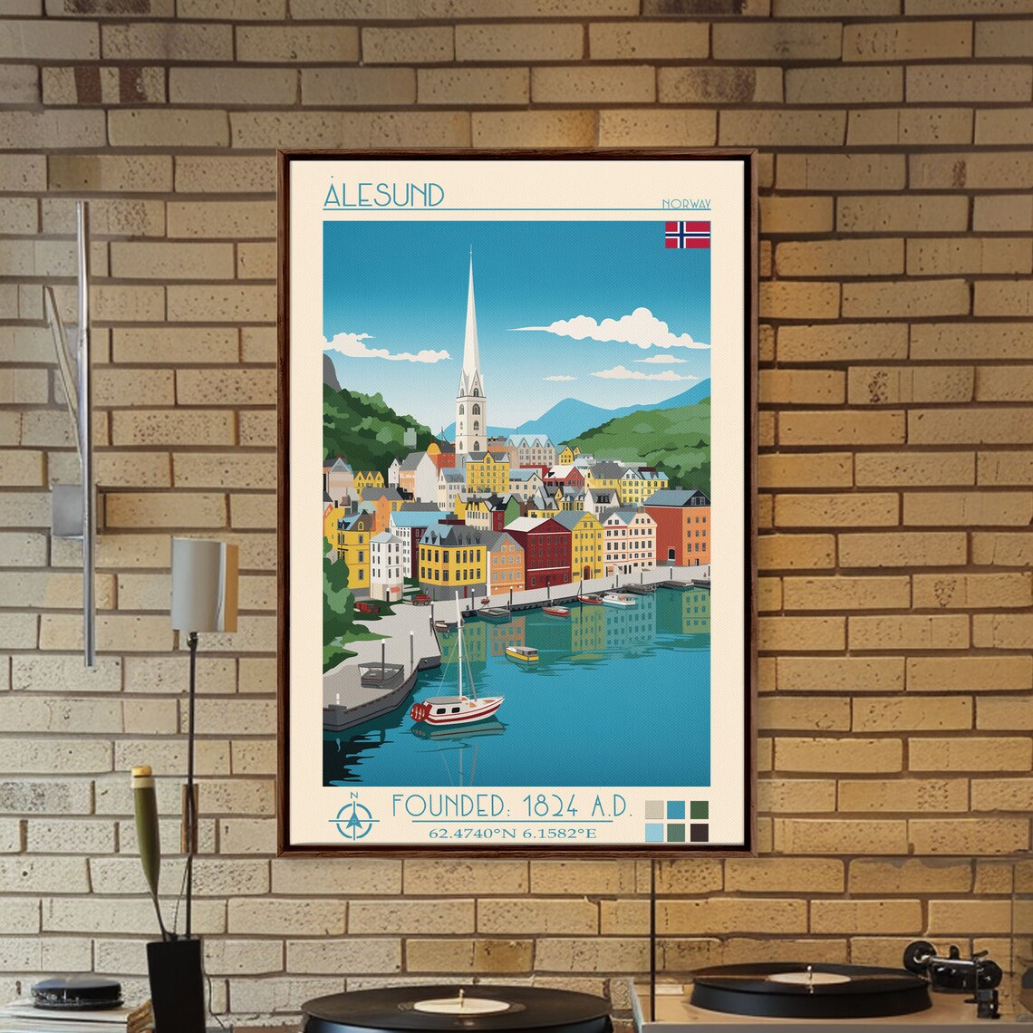 Alesund Norway Colorful Harbor Church Spire View Travel Poster - Image 3