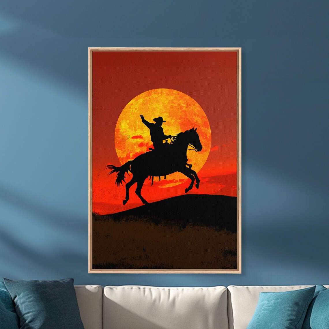 Cowboy Silhouette Galloping Horse Giant Orange Moon Wall Art