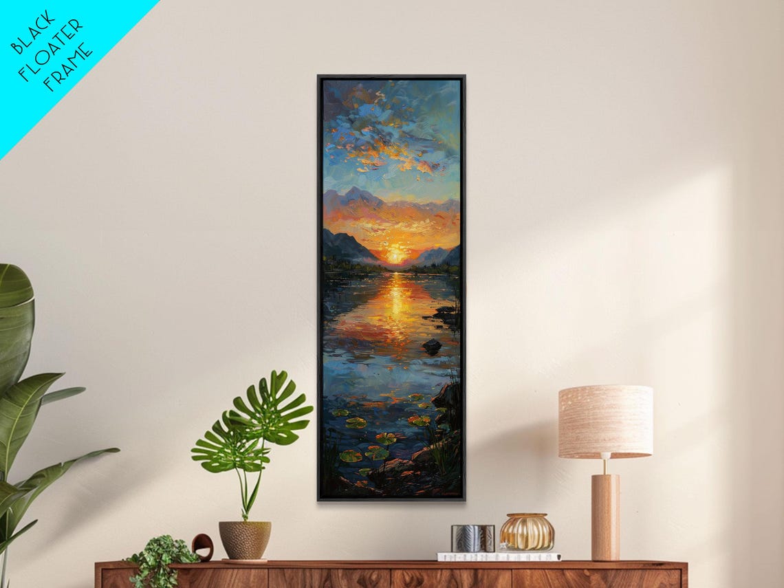 Vibrant Sunset Over Mountain Lake Reflection Oil Painting Print - Image 2