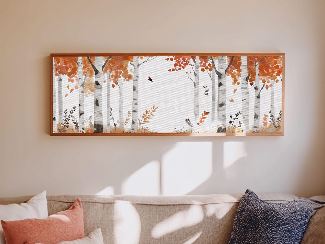 Birch Trees Orange Autumn Leaves Watercolor Panoramic Fall Wall Poster - Image 2
