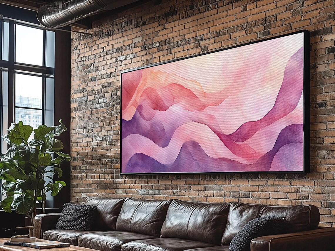 Pink Purple Flowing Waves Abstract Watercolor Calm Zen Wall Art - Image 6