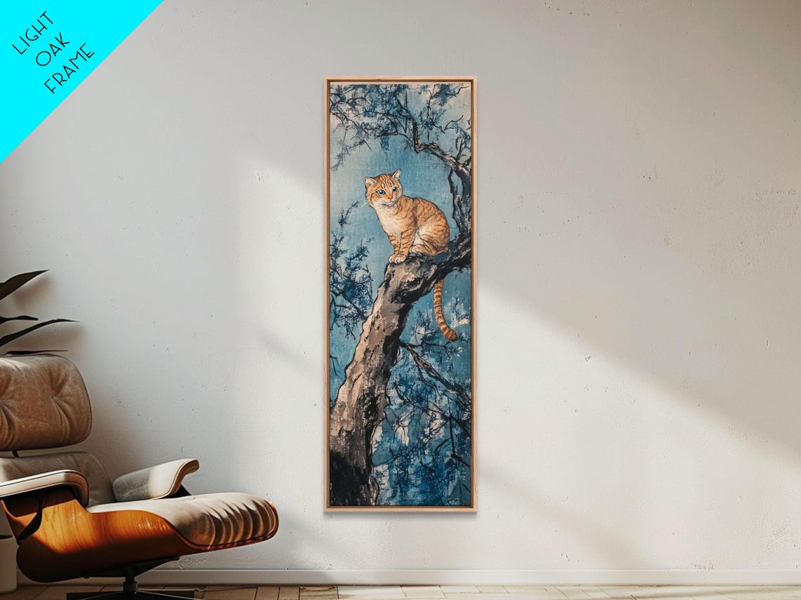 Ginger Tabby Cat on Tree Branch Night Japanese Style Wall Art - Image 3