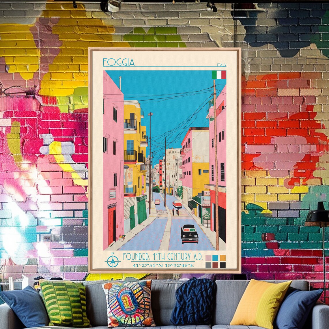 Foggia Italy Colorful Street Pink Yellow Buildings Cars View Poster - Image 5