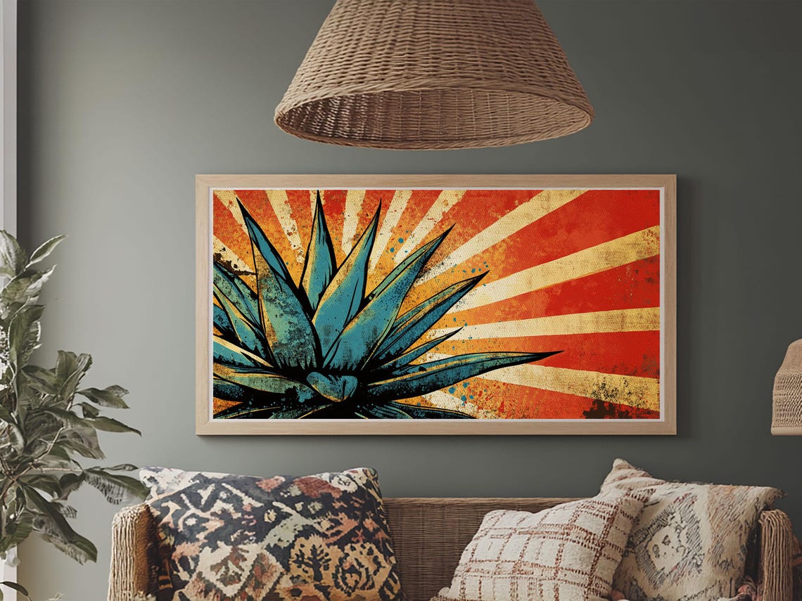Bold Blue Agave Pop Art Red Sunburst Rays Retro Mexican Wall Art - Image 5