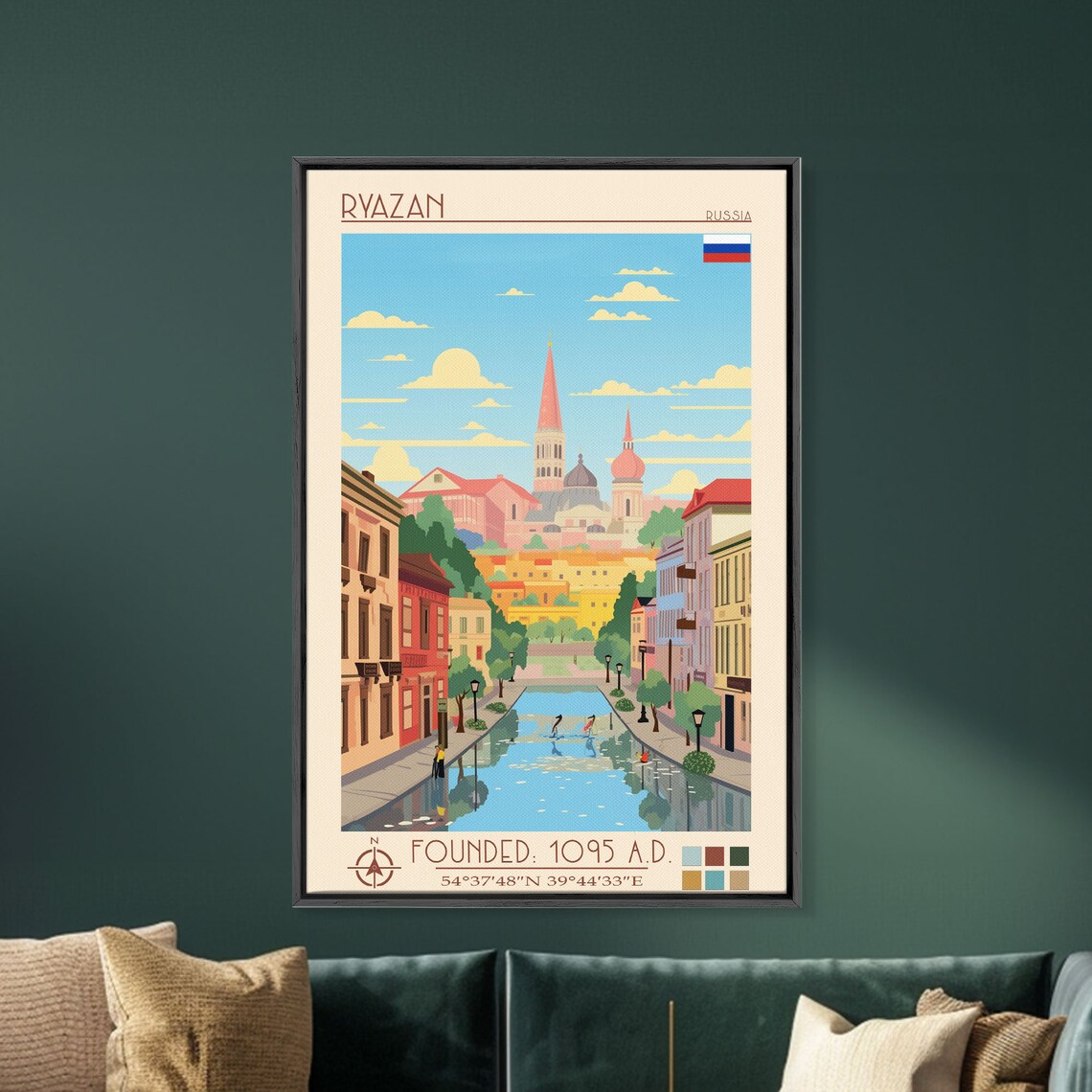 Ryazan Russia Canal Reflection Church Spires Street View Travel Poster