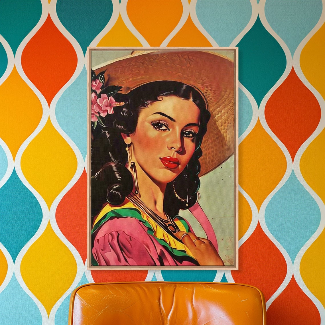 Vintage Elegant Lady Straw Hat Floral Portrait Retro Wall Art Poster - Image 3