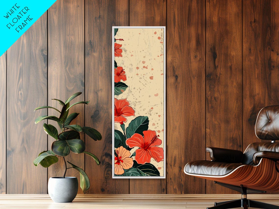 Soft Hibiscus Flowers Red Orange Cream Tall Japanese Art Poster - Image 2