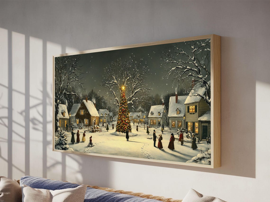 Snowy Christmas Village Square Night Gathering Lit Tree Art Print - Image 4