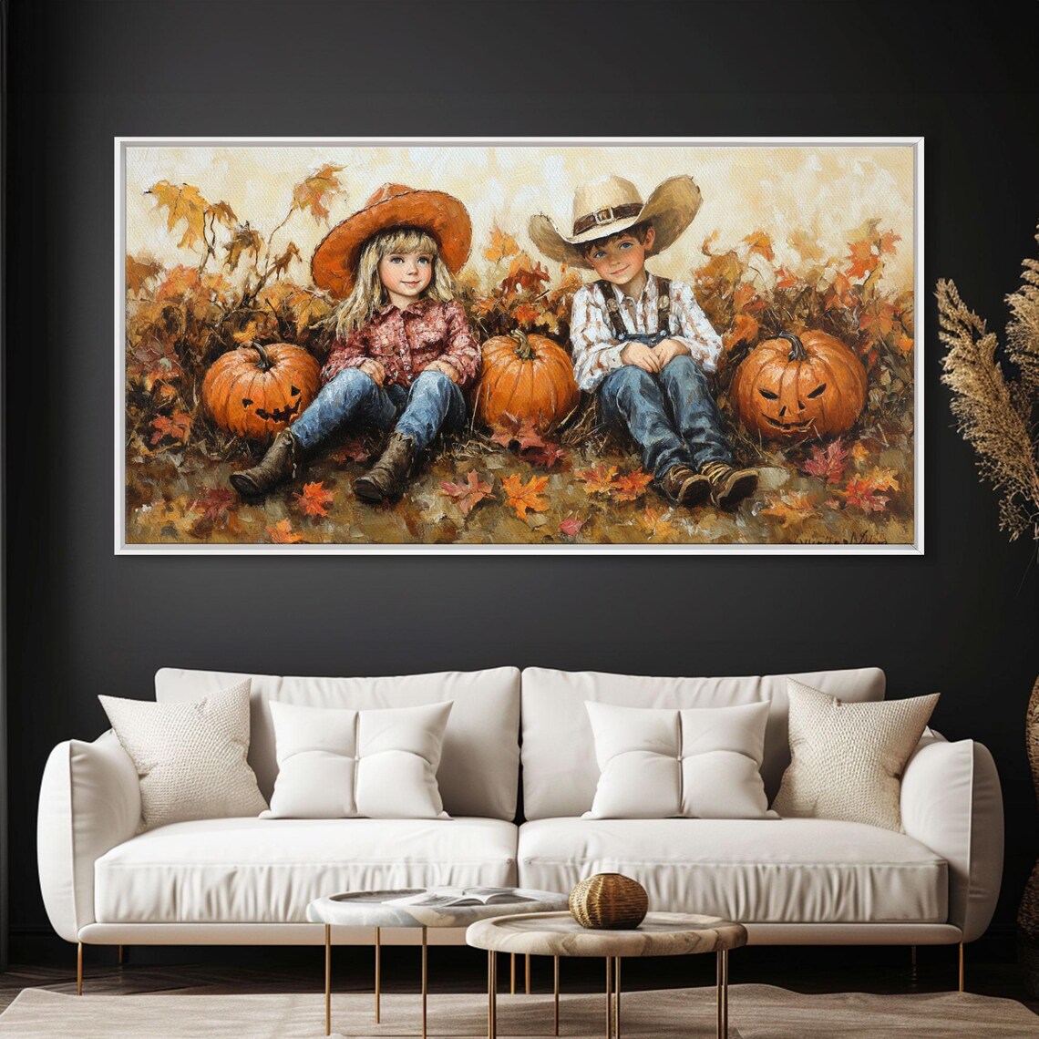 Two Cowboy Kids Sitting Among Pumpkins With Jack O Lantern Retro Fall Poster - Image 5