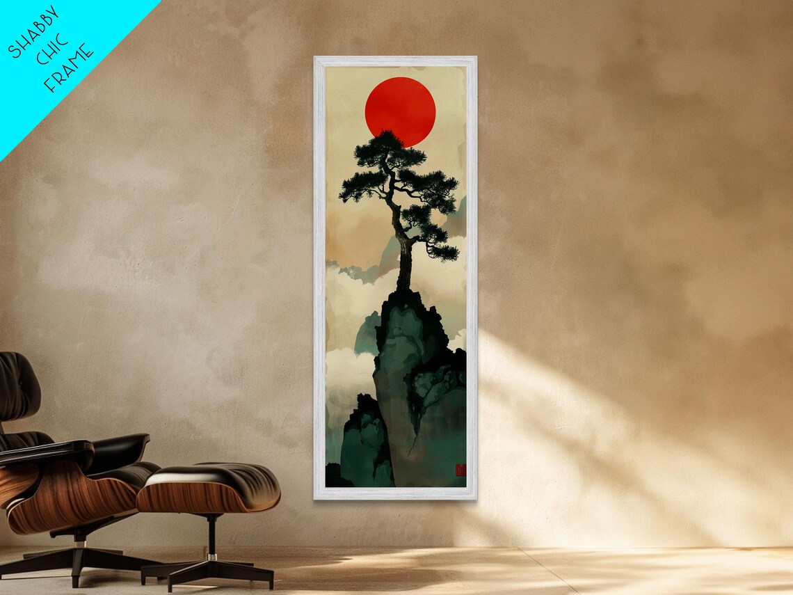 Bonsai Tree Mountain Red Sun Japanese Tall Wall Art Skinny Framed Print Ukiyo E Style