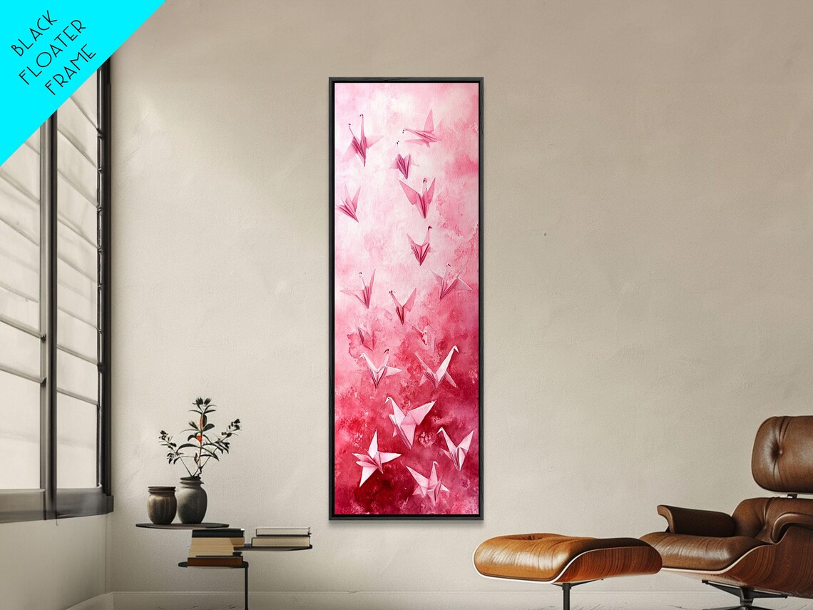 Pink Origami Cranes Watercolor Zen Paper Birds Lucky Wall Art - Image 2