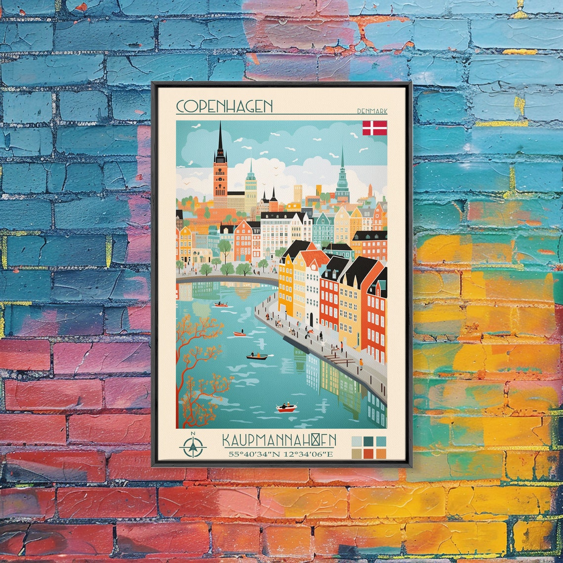 Copenhagen Denmark Harbor Waterfront Church Spires Boat Scene Poster - Image 3