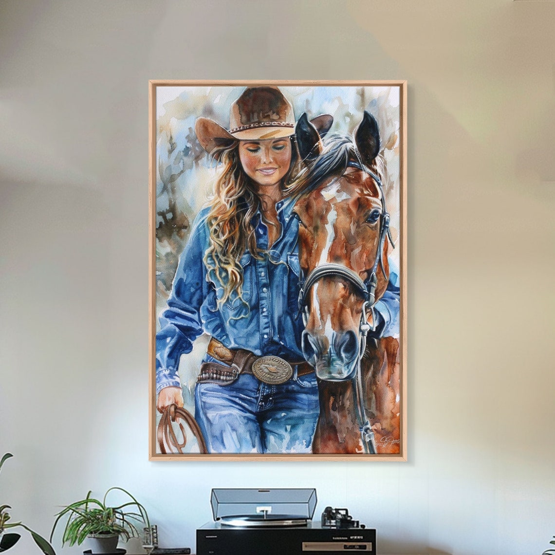 Cowgirl Embracing Horse Gentle Watercolor Western Bond Wall Art Poster - Image 5