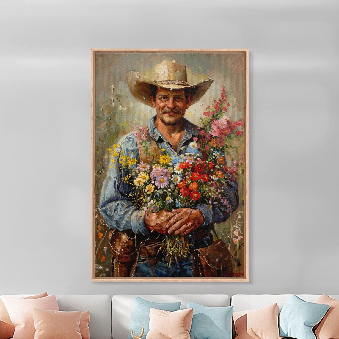 Smiling Cowboy Holding Wildflower Bouquet Colorful Western Art Poster - Image 5