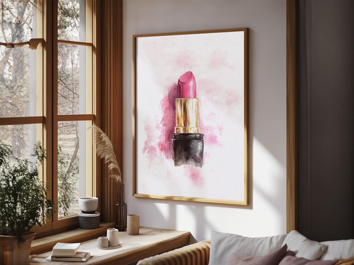 Pink Lipstick In Black And Gold Tube Watercolor Beauty Wall Art Print - Image 3