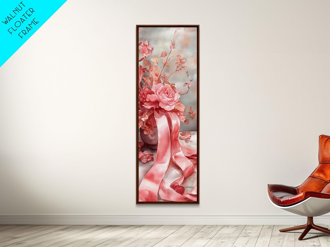 Pink Roses Bouquet Flowing Ribbons Romantic Watercolor Poster