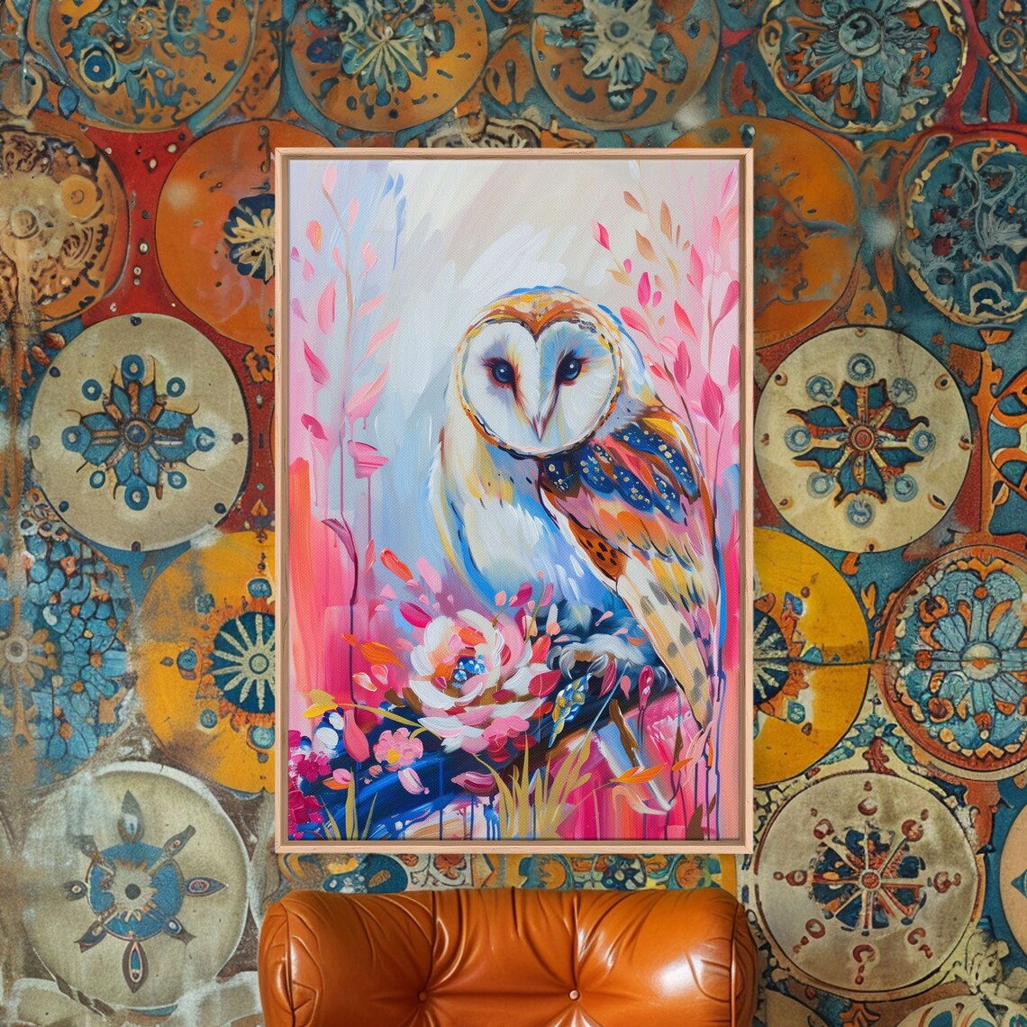 Barn Owl With Flowers In Pink Blue And Orange Colorful Art Poster - Image 5