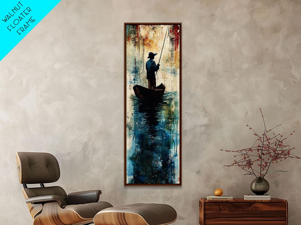 Fisherman in Boat Silhouette Abstract Blue Water Lake Wall Art