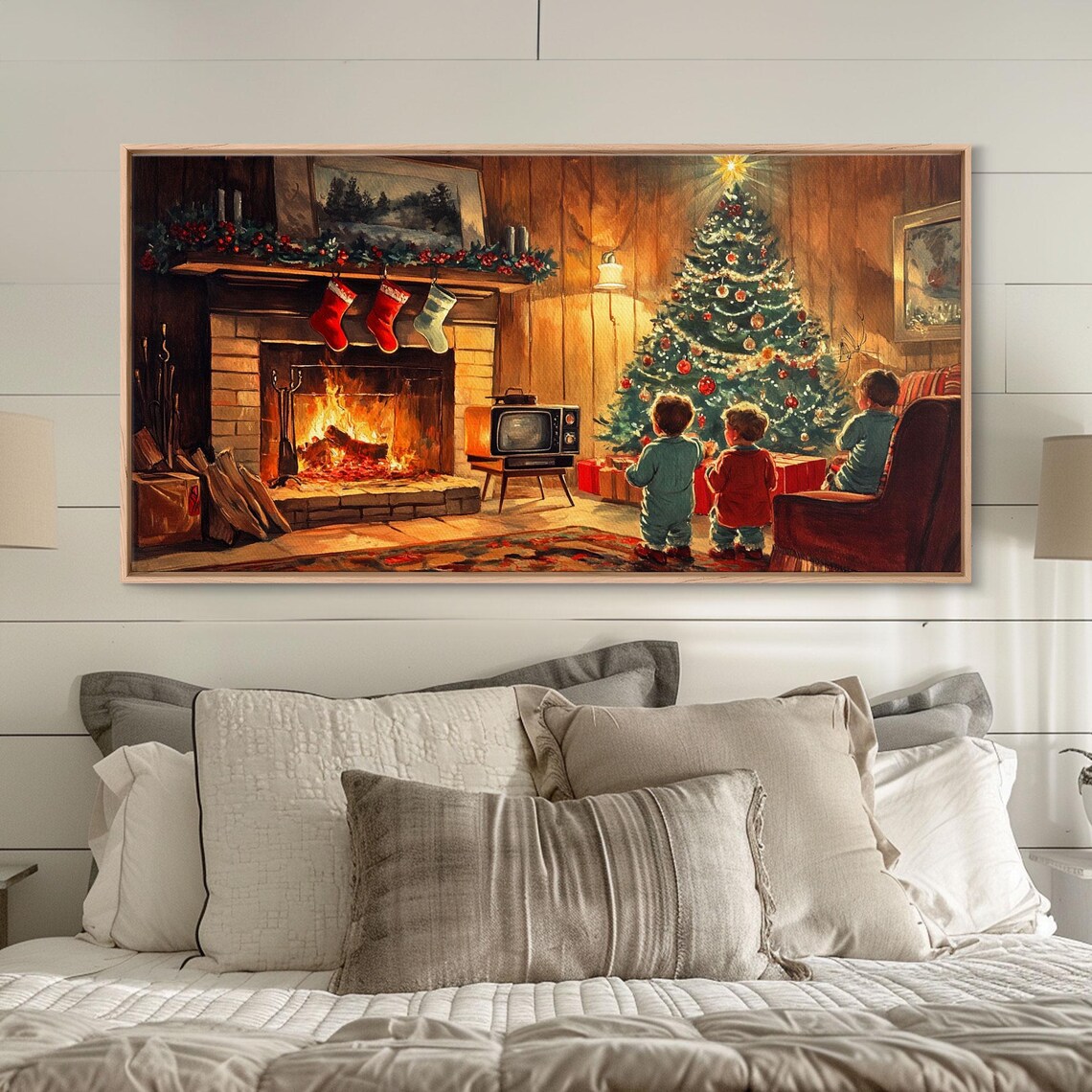 Vintage Christmas Living Room Scene, Children Art Print