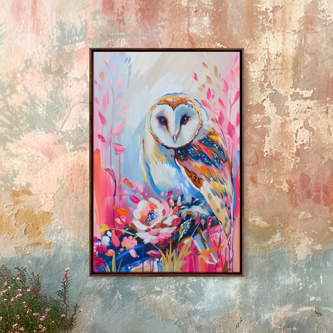 Barn Owl With Flowers In Pink Blue And Orange Colorful Art Poster - Image 4
