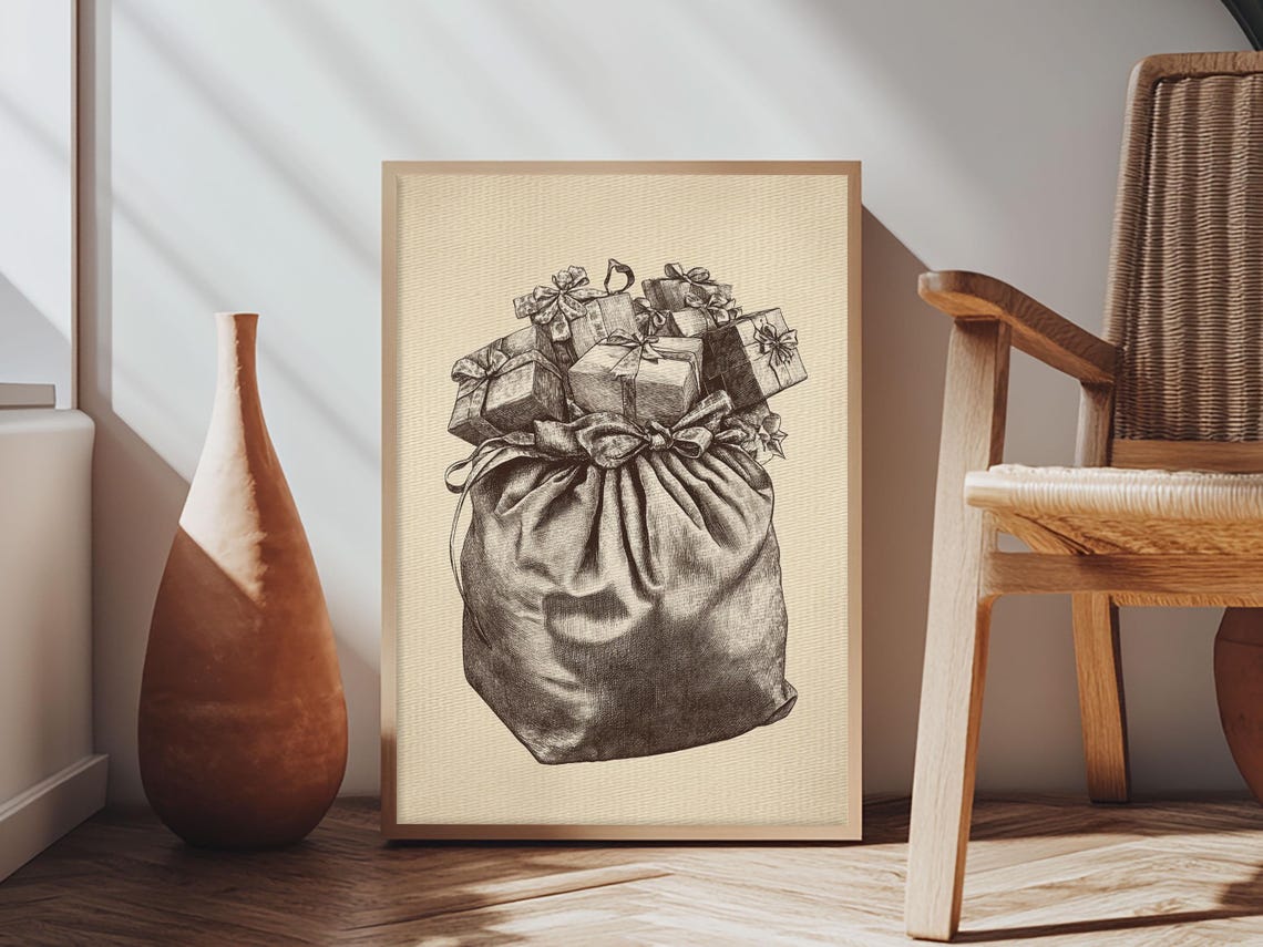 Santa Gift Bag Overflowing With Presents Vintage Sketch Poster Art