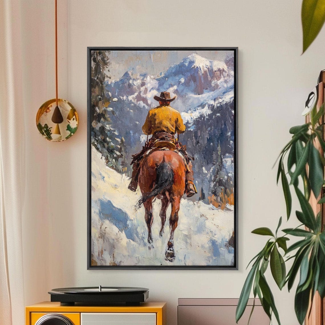 Cowboy On Horseback Snowy Mountain Valley Trail Western Poster - Image 3