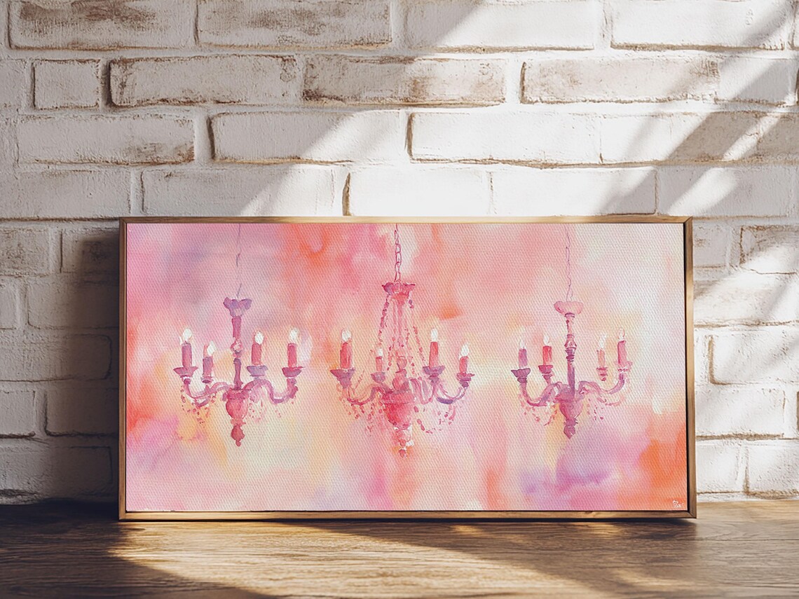 Pink Candle Chandeliers Trio Watercolor Warm Romantic Lighting Poster - Image 6