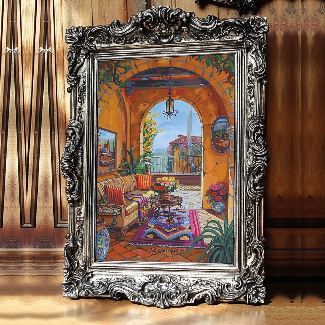 Spanish Terrace Arched Patio Colorful Rug Flower Painting Art Print - Image 3