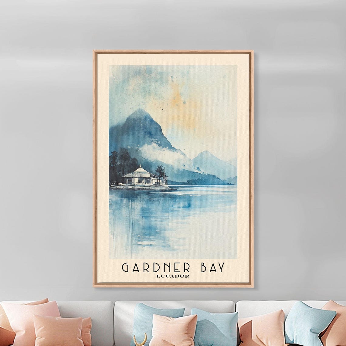 Gardner Bay Ecuador Misty Blue Bay Volcano Peak Watercolor Poster - Image 3