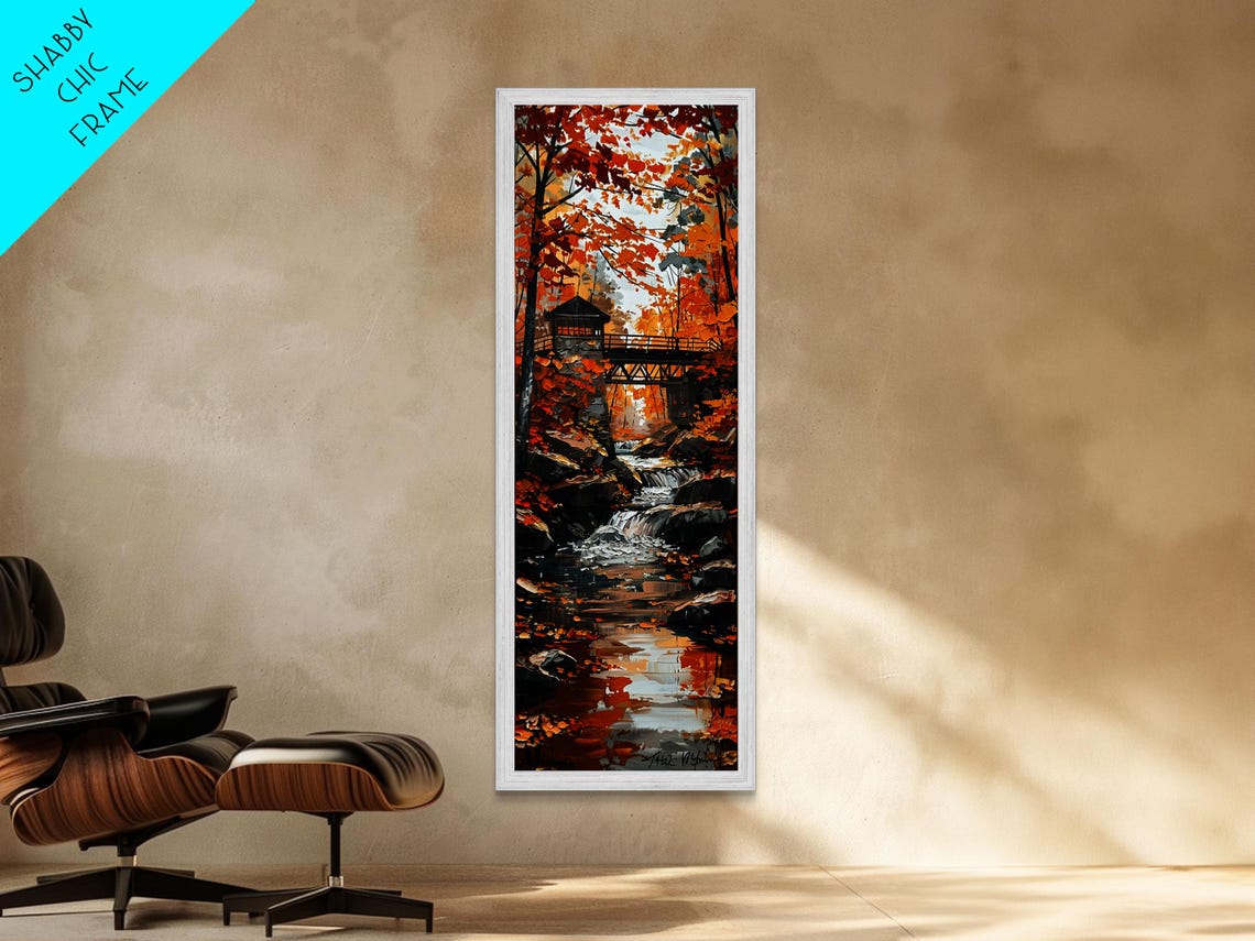 Autumn Covered Bridge Over Rocky Stream Waterfall Landscape Poster - Image 3