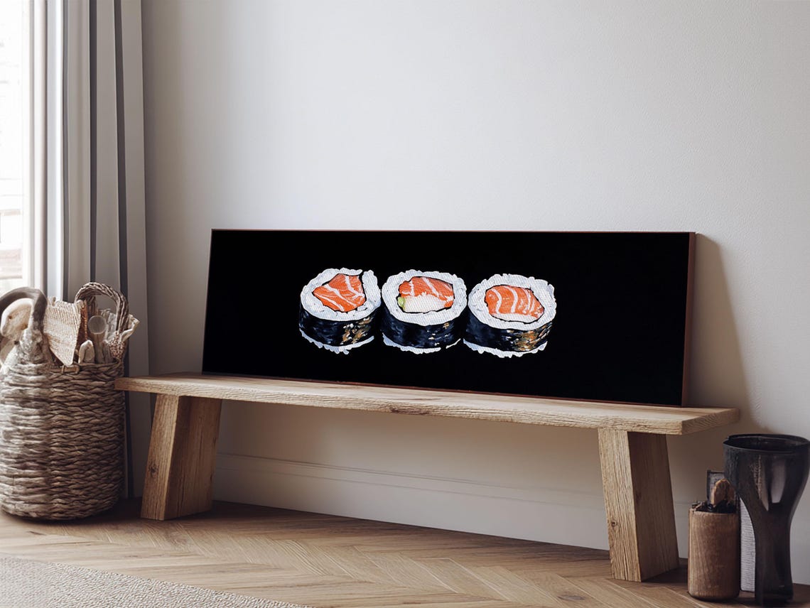 Salmon Sushi Maki Rolls Black Background Panoramic Kitchen Wall Poster - Image 2