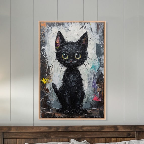 Abstract Black Cat Framed Print Cat Lover Art Cute Cat Printed On Black Cat Textured Wall Art Gift For Cat Lover