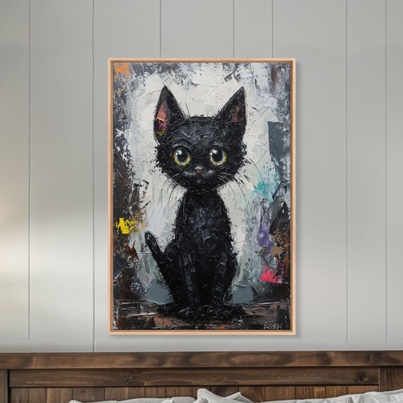 Black Cat Big Green Eyes Abstract Impasto Painting Cute Wall Art
