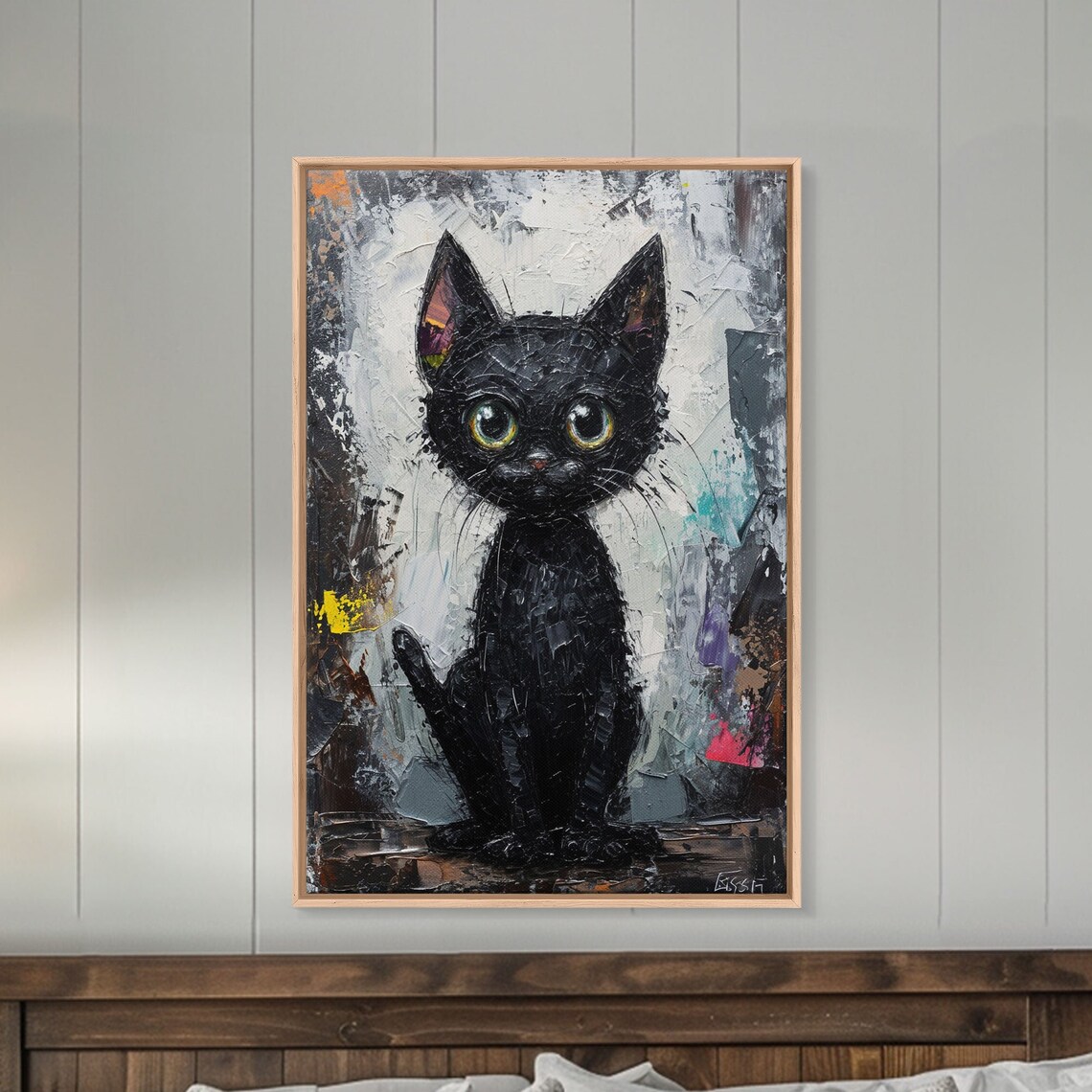 Black Cat Big Green Eyes Abstract Impasto Painting Cute Wall Art
