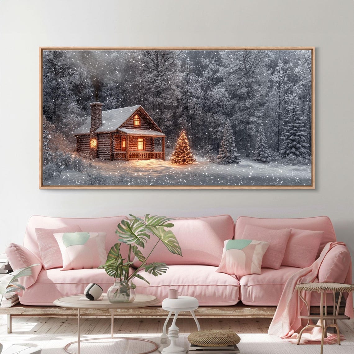 Winter Log Cabin Night Snowfall Lit Christmas Tree Rustic Poster - Image 5