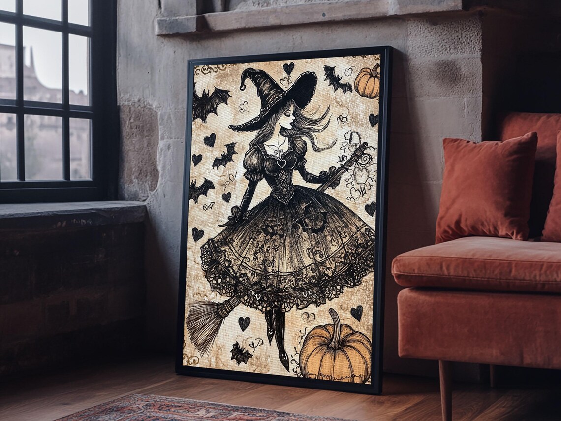 Witch In Lace Dress Flying Broom Vintage Gothic Halloween Pumpkin Art Poster - Image 4