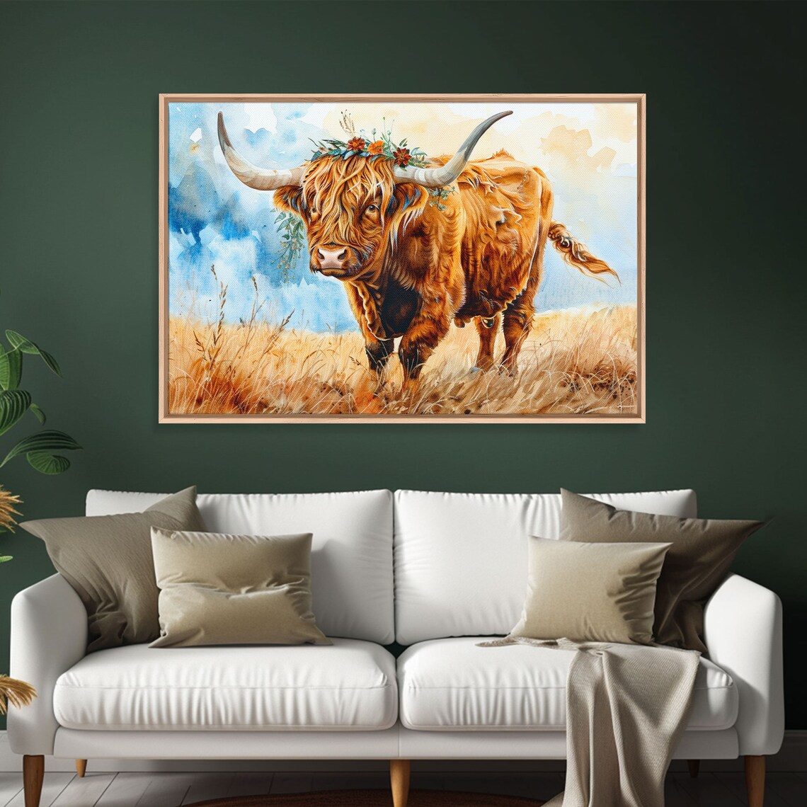 Highland Cow Flower Crown Watercolor Golden Meadow Animal Wall Art