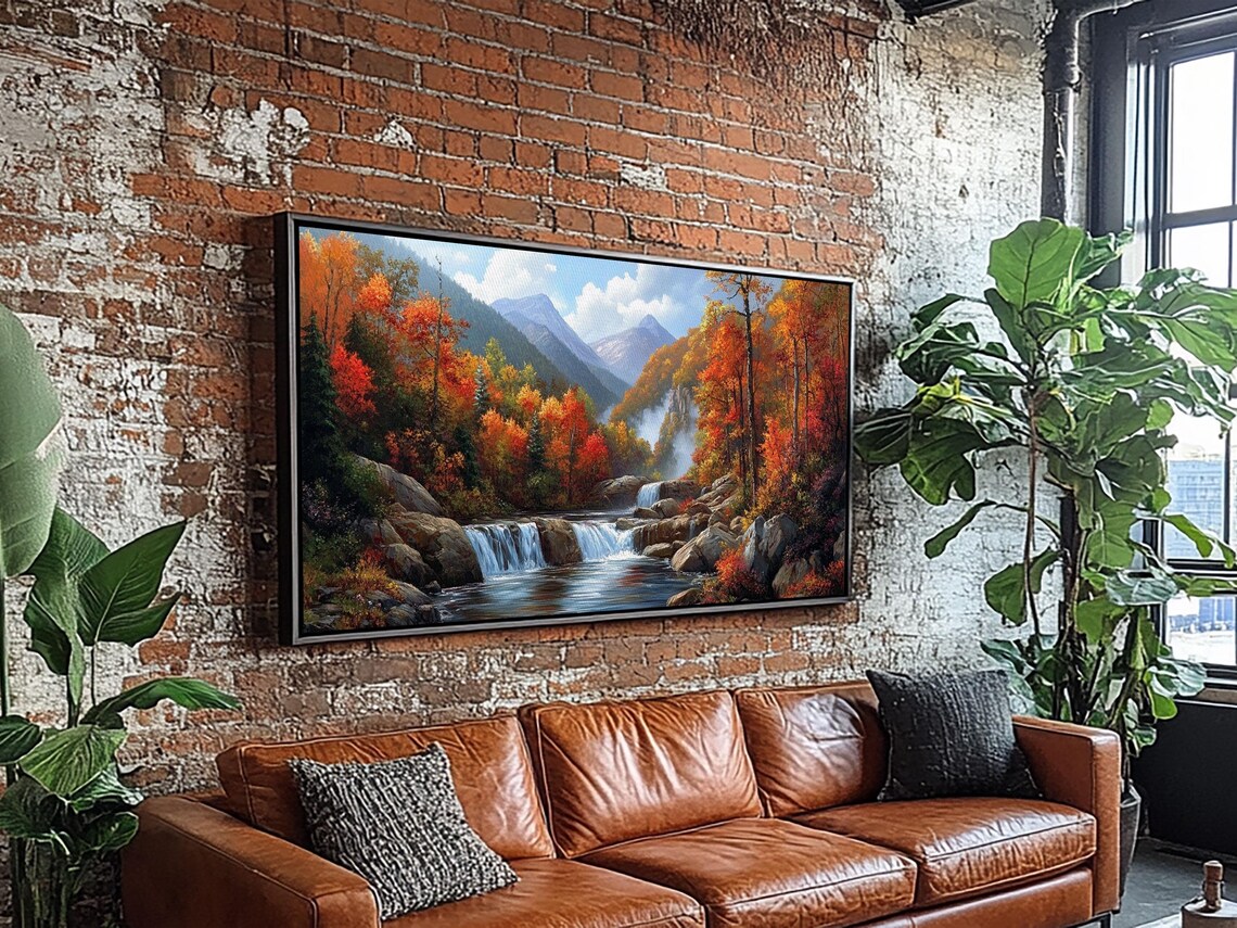 Waterfall In The Forest Landscape Oil Painting Print - Image 4