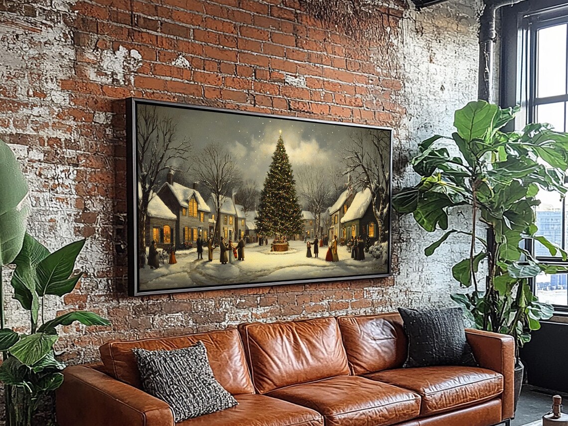 Christmas Village Dusk Snowy Street Big Lit Tree Oil Painting Print - Image 3