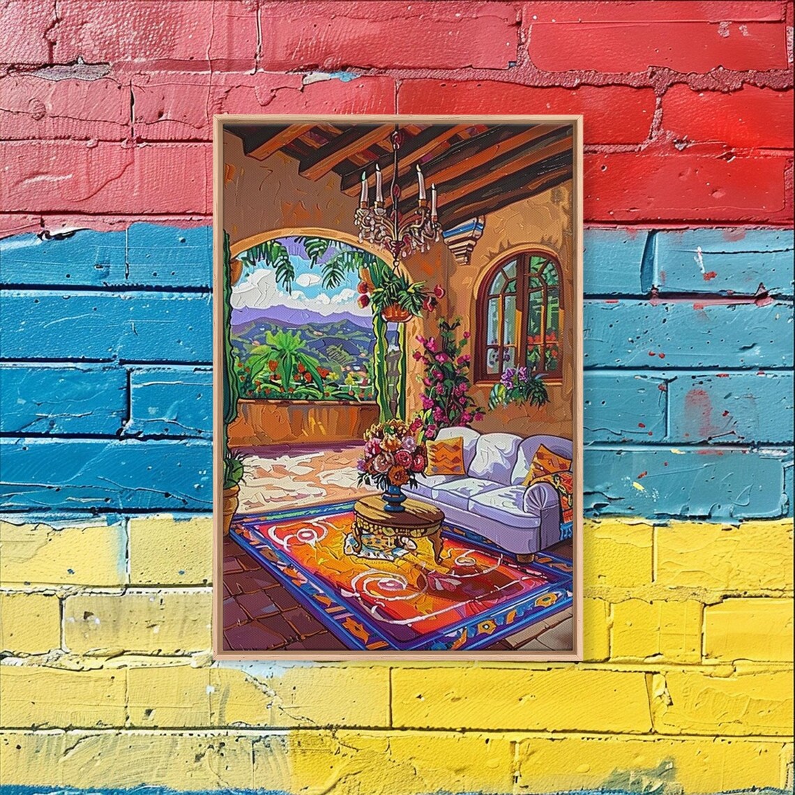 Mexican Terrace Chandelier Sofa Colorful Rug Mountain View Patio Art Print
