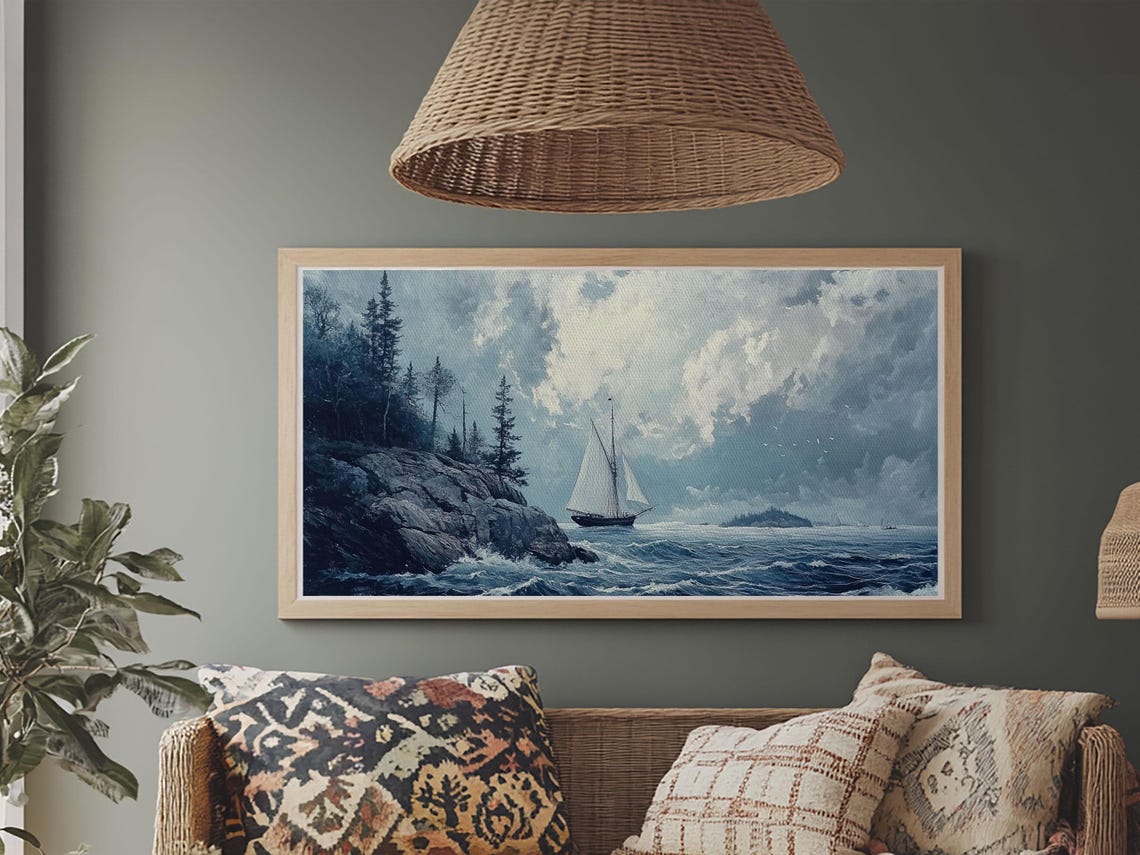 Tall Ship Off Rocky Pine Coast Moody Blue Seascape Painting Print - Image 5